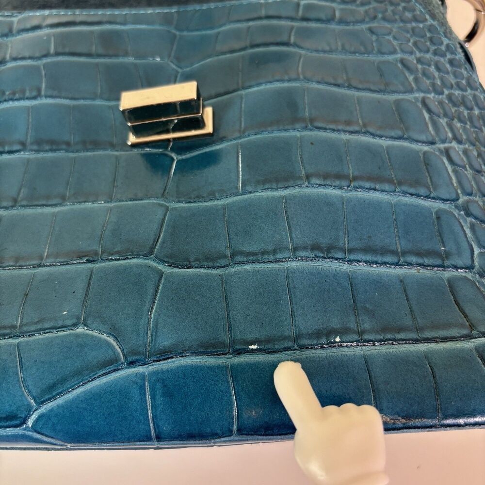 Claudia Firenze Teal Leather Croc-Embossed Handbag Rope Handle Chic Purse Italy - Picture 8 of 16